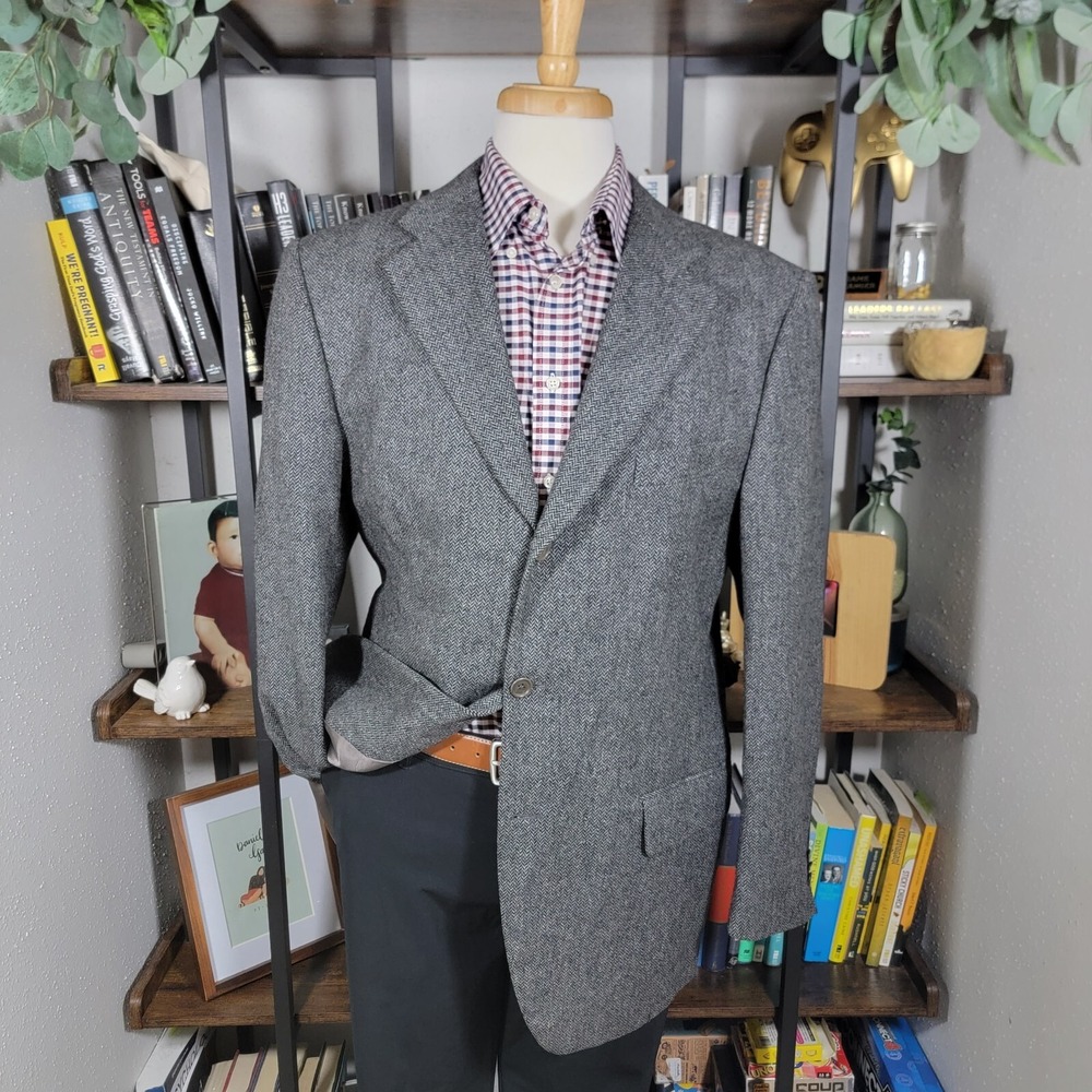 Diniz &‎ Crux Men's Sport Coat Blazer Three Button Gray Herringbone Wool 45L